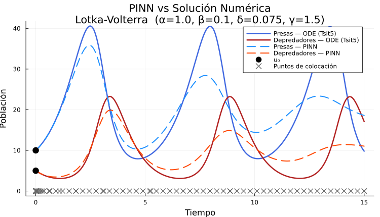 Las cruces son los puntos de colocación: donde la ecuación diferencial se está evaluando.
